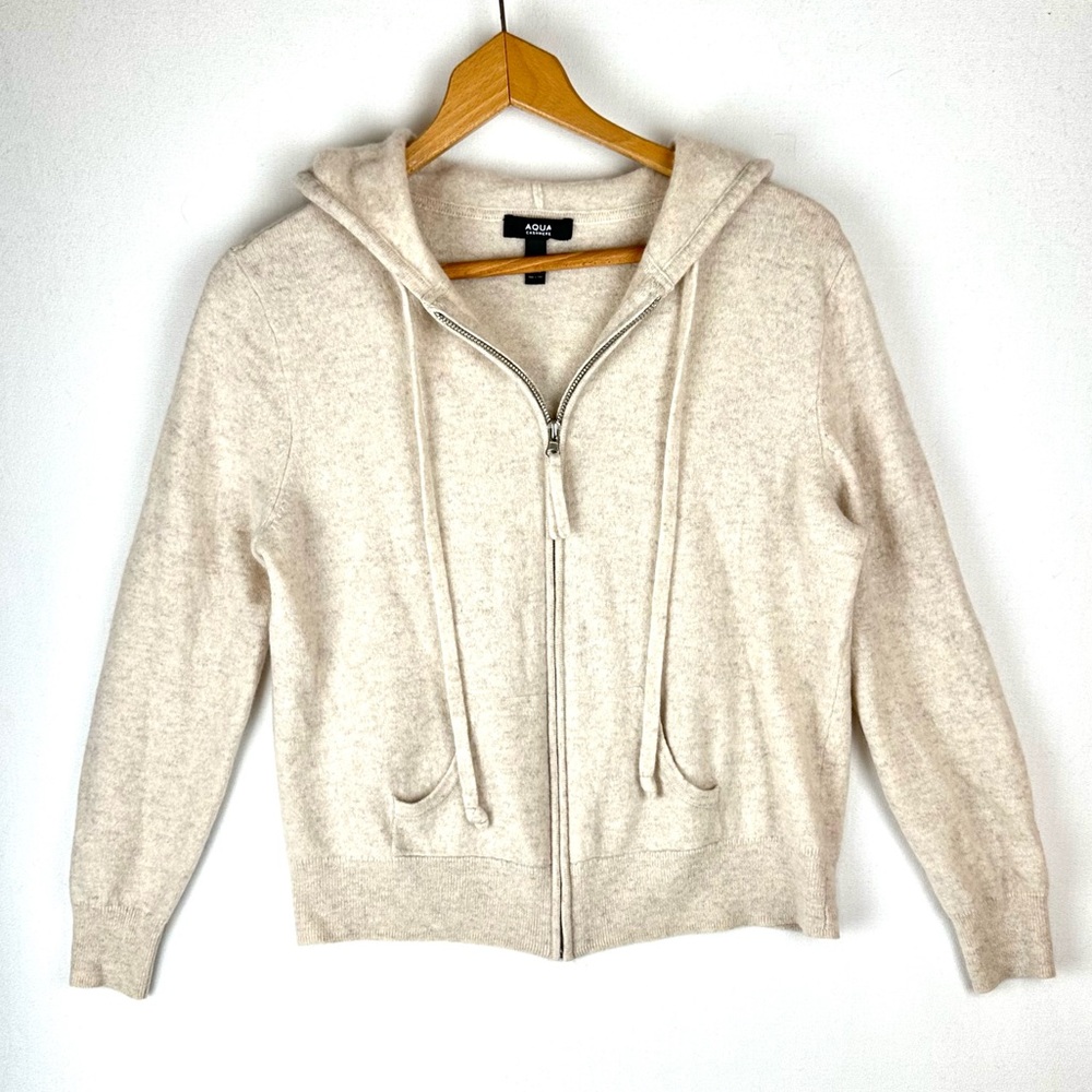 Aqua Cashmere Hooded Full Zip Sweater Jacket Quiet Luxury Neutral